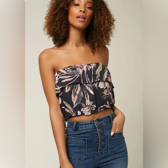 O’Neill Raven Tropical Floral Cropped Strapless Top - Picture 1 of 6
